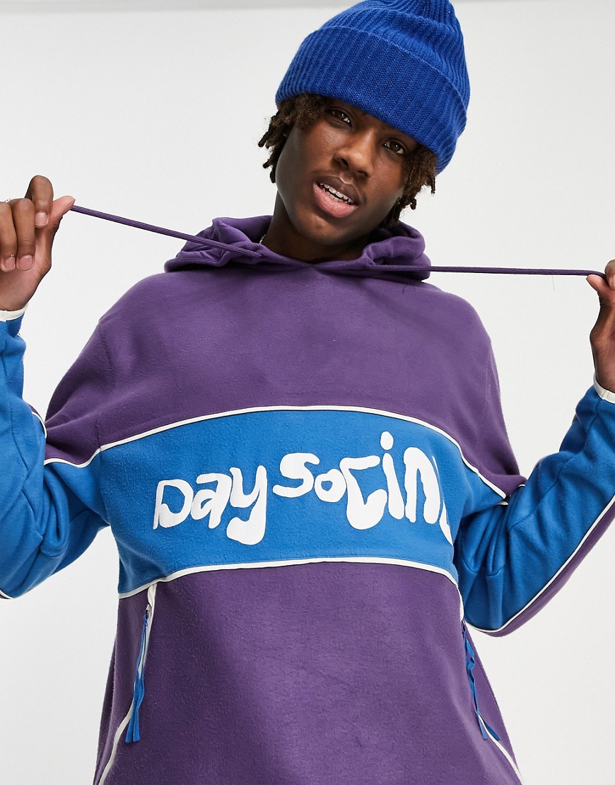 ASOS Daysocial relaxed hoodie in polar fleece colour block with logo print in purple