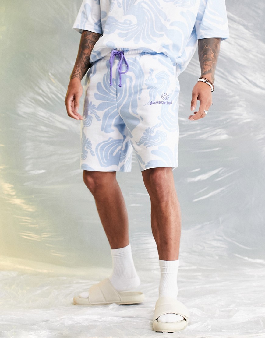 ASOS Daysocial relaxed short with all over wave print in blue - part of a set-White