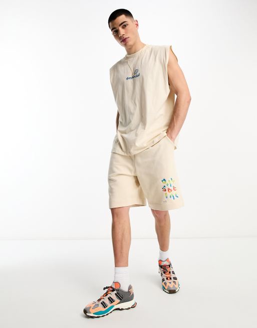 ASOS Daysocial relaxed shorts with multi coloured bubble logo in beige (part of a set)