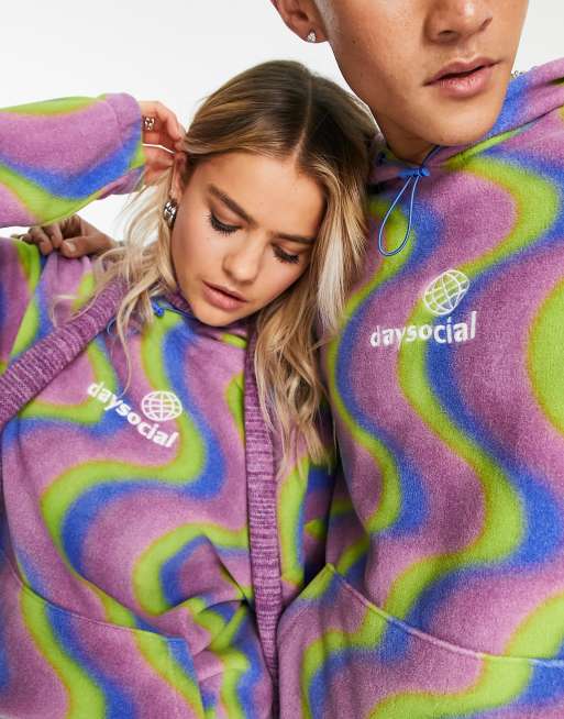 ASOS Daysocial Sweat capuche oversize unisexe en polaire avec imprim ondulations sur l ensemble Vert violet