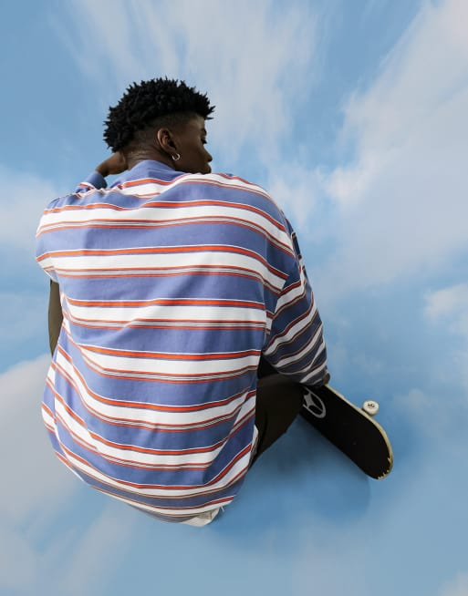 ASOS Daysocial - T-shirt oversize à manches longues avec rayures sur l'ensemble et logo imprimé - Bleu, 4 de 4