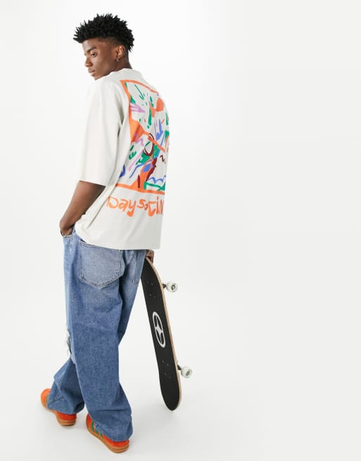 ASOS Daysocial - T-shirt oversize avec imprimés graphiques de couleurs vives sur le devant et au dos - Gris
