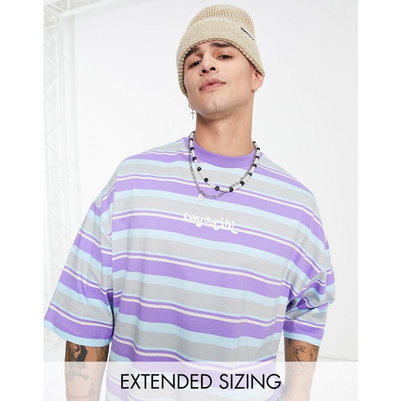 Uomo T-shirt e Canotte Daysocial - T-shirt oversize lilla con stampa a righe