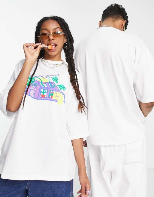 ASOS Daysocial - T-shirt oversize unisex bianca con stampa grafica di casa, 2 di 4