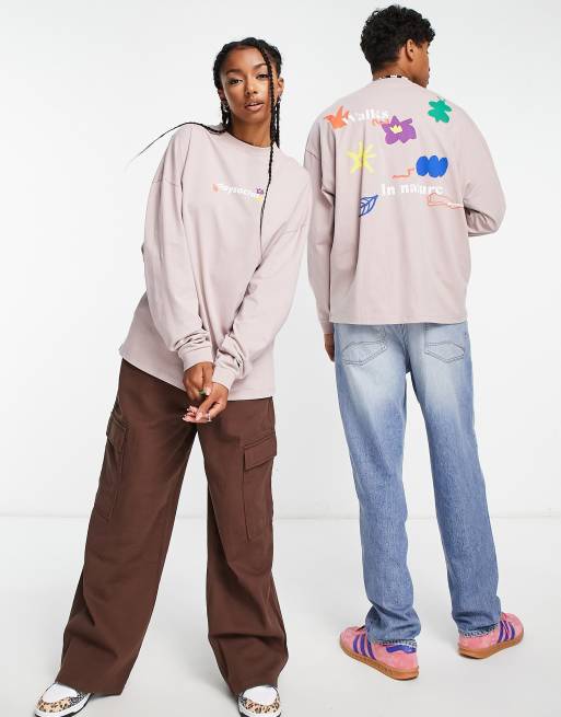 ASOS Daysocial - Uniseks oversized T-shirt met lange mouwen en grafische print op de rug in grijs