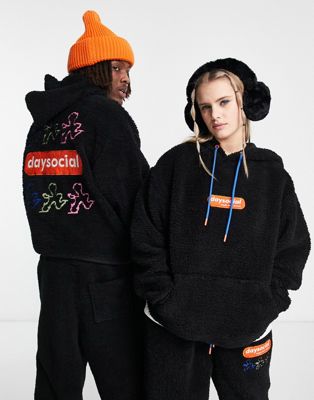ASOS Daysocial unisex co-ord oversized hoodie in teddy borg with back embroidery in black - ASOS Price Checker