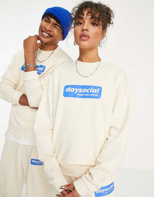 ASOS Daysocial unisex co-ord oversized sweatshirt with blue badge logo  print in ecru | ASOS