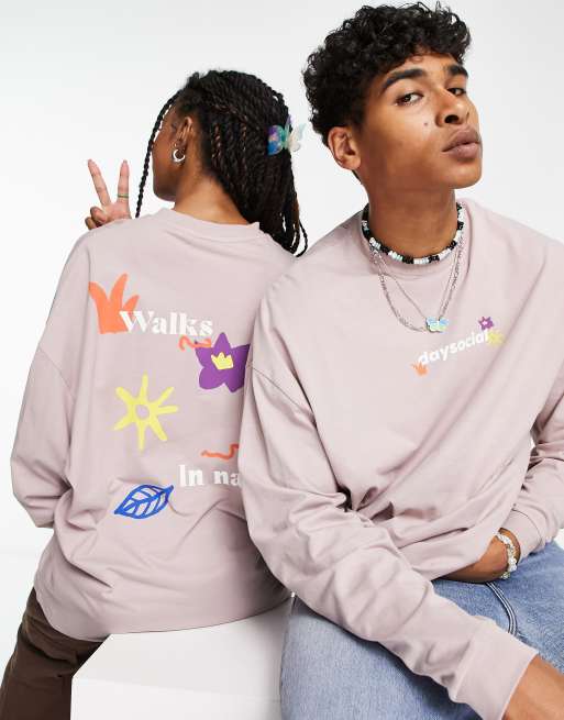 ASOS – Daysocial Unisex – Langärmliges Oversize-Shirt in Grau mit Grafikprint hinten, 2 von 4