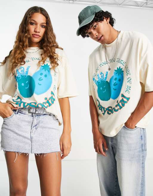 ASOS Daysocial – Unisex-Oversize-T-Shirt in Ecru mit Grafikprint vorne