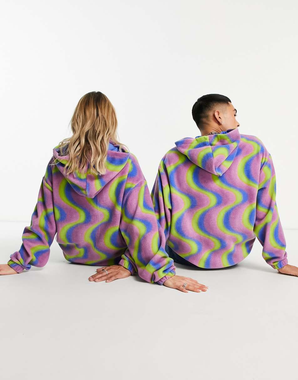 ASOS Daysocial unisex oversized hoodie in polar fleece with all over  squiggle print in purple and green