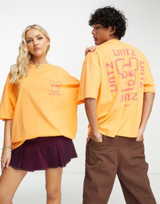 ASOS Daysocial unisex oversized t-shirt with high build graphic print and embroidery in orange