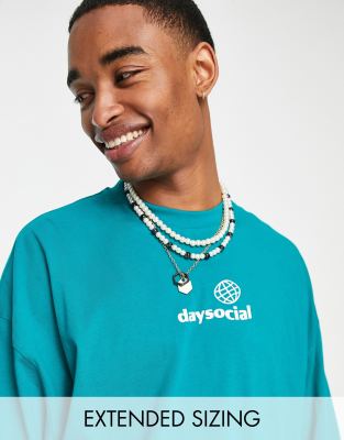 ASOS Daysocial unisex oversized t-shirt with logo chest print in bright teal - ASOS Price Checker