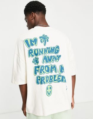 ASOS Daysocial unisex oversized t-shirt with slogan and logo graphics prints in ecru