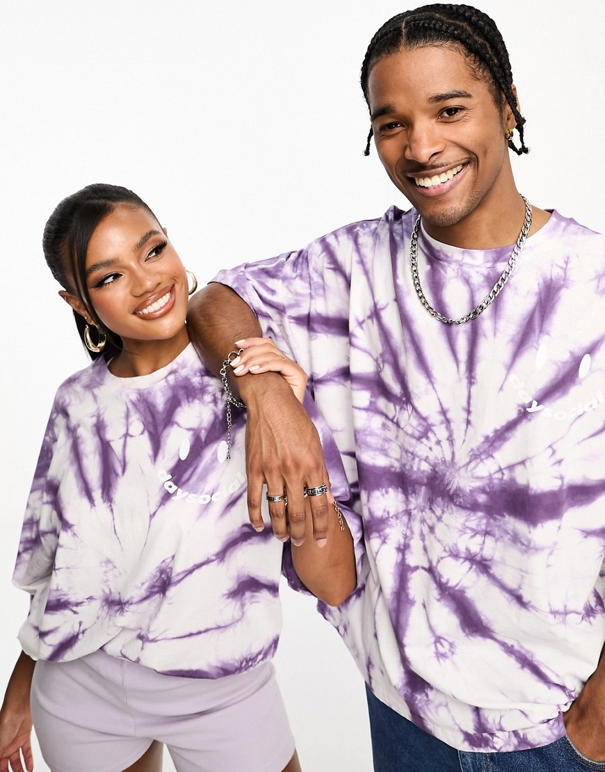 Asos Design Asos Daysocial Unisex Oversized T-shirt With Smile Print In Purple Tie Dye