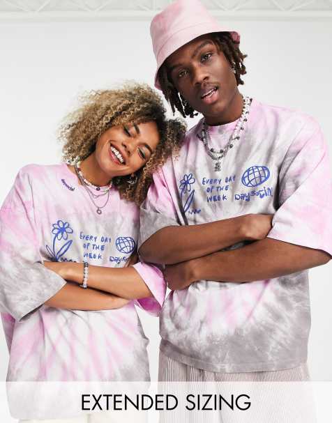 ASOS Daysocial unisex oversized t-shirt with spiral tie dye and mult graphic prints in pink