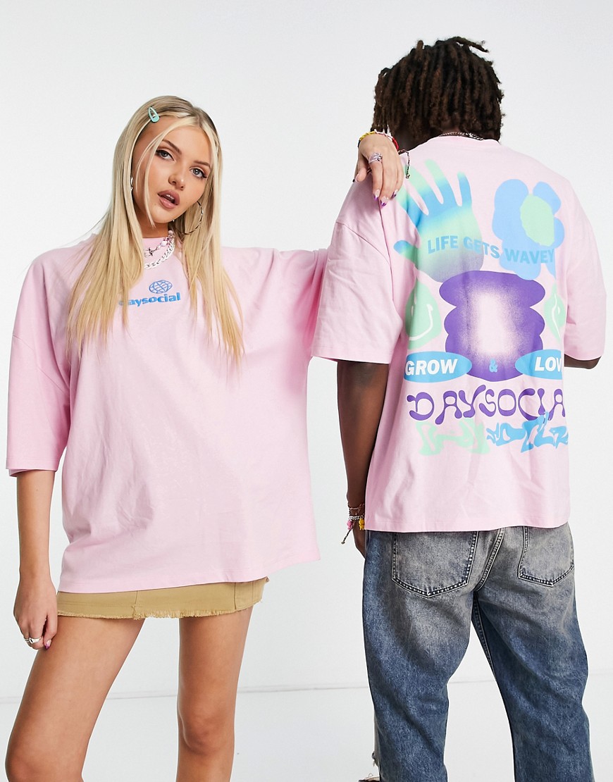 ASOS Daysocial unisex oversized t-shirt with wavy back graphic print in pink