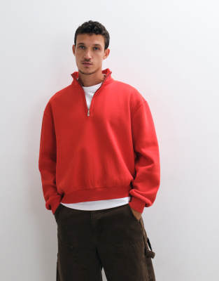 Asos Design Asos Ddesign Relaxed Half Zip Sweatshirt With Acid Wash In Red