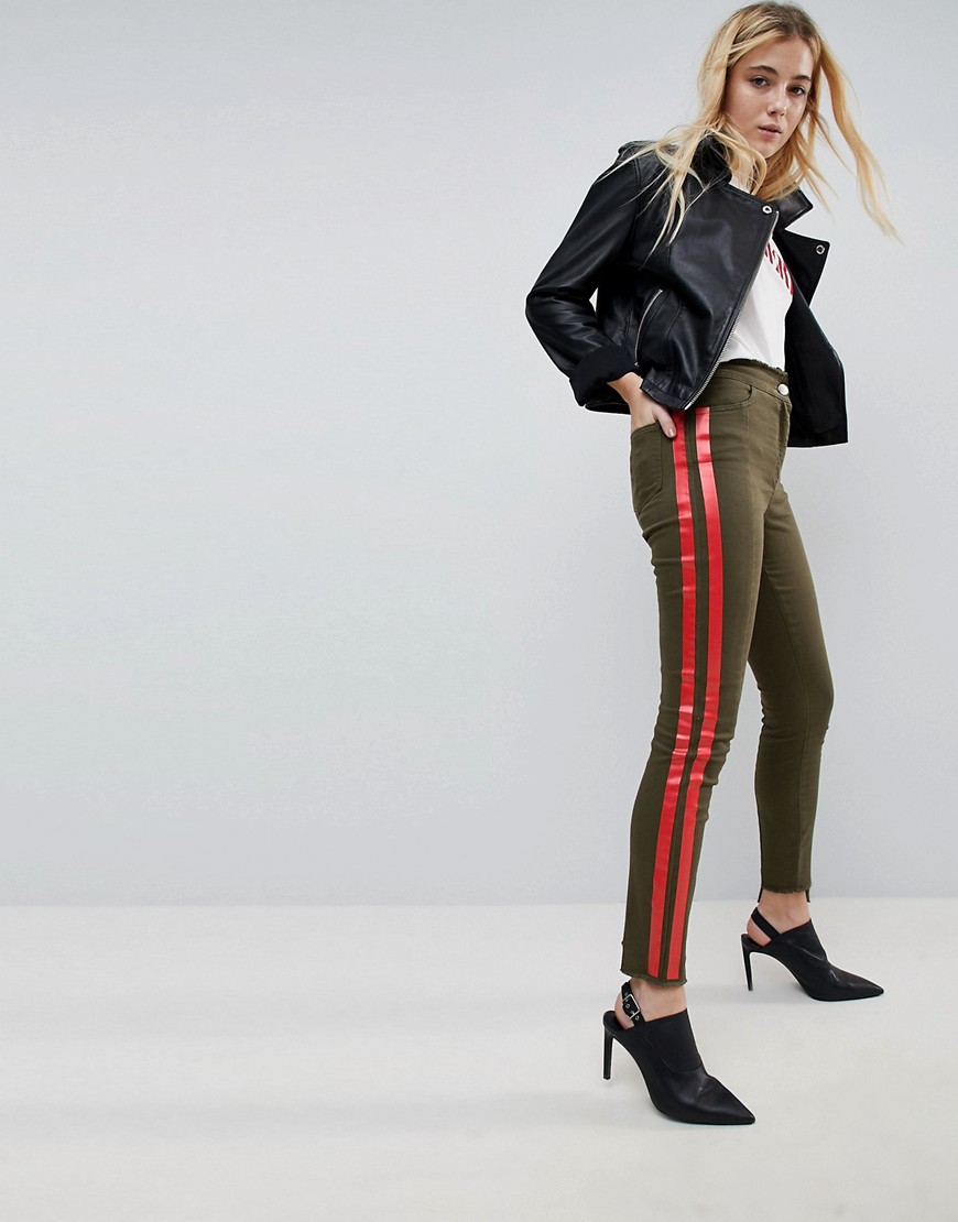 ASOS Deconstructed Skinny Trousers with Side Stripe in Khaki-Green