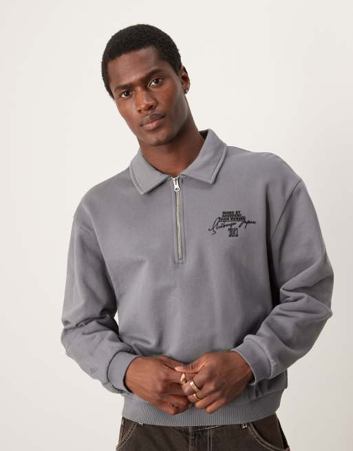 ASOS DEISGN boxy oversized zip collar with embroidery print in grey