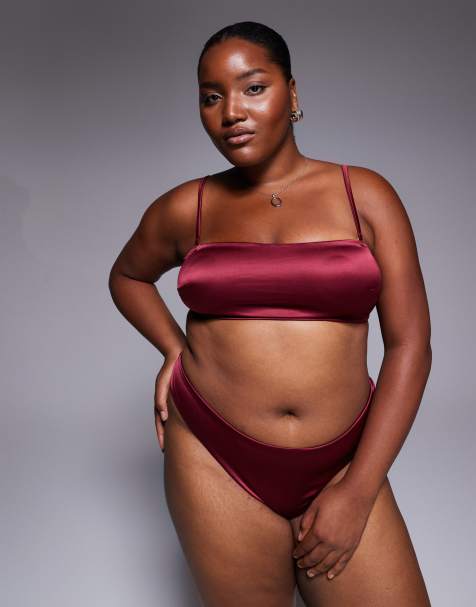 ASOS DEISGN Curve Brooke clean satin & mesh lingerie in burgundy - view 1