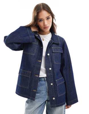 Asos Deisgn Denim Multi Pocket Jacket In Mid Blue