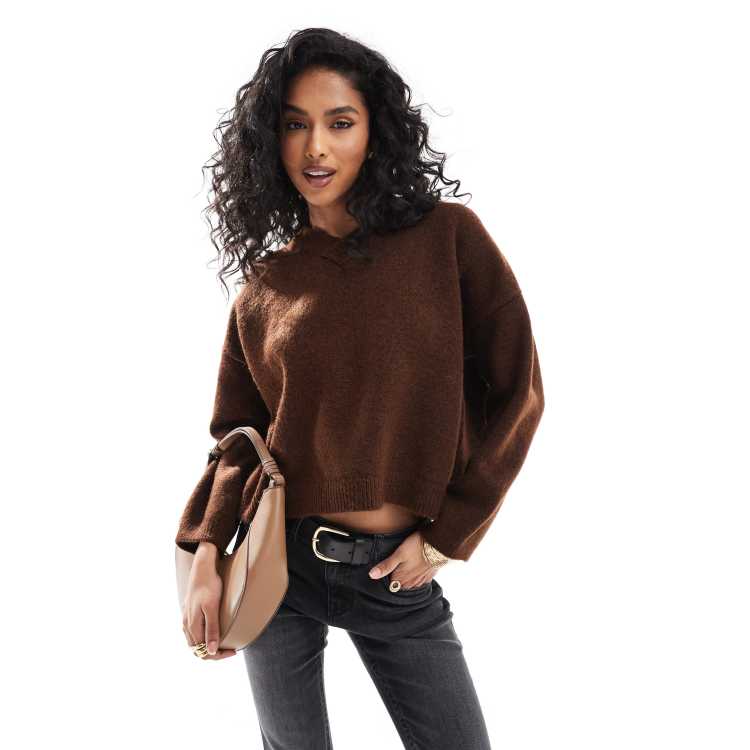 ASOS DEISGN fluffy knit v neck sweater in chocolate brown | ASOS