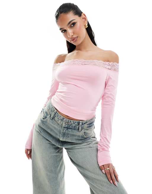 Baby Pink Rib Tie Front Frill Hem Long Sleeve Crop Top