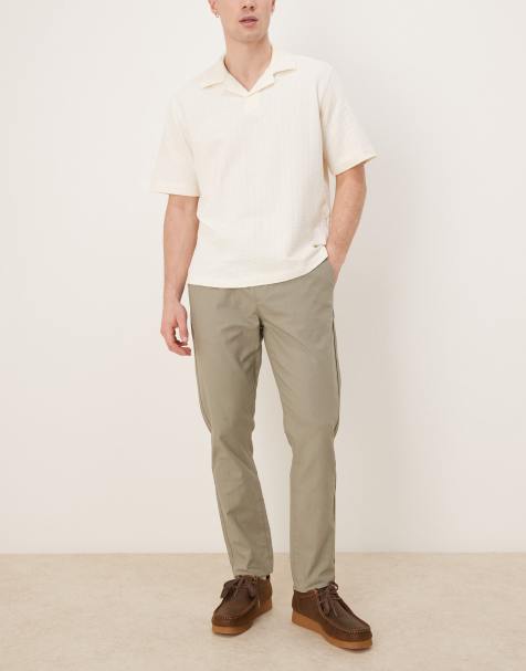 ASOS DEISGN linen mix slim pants with elastic waist in khaki - view 1