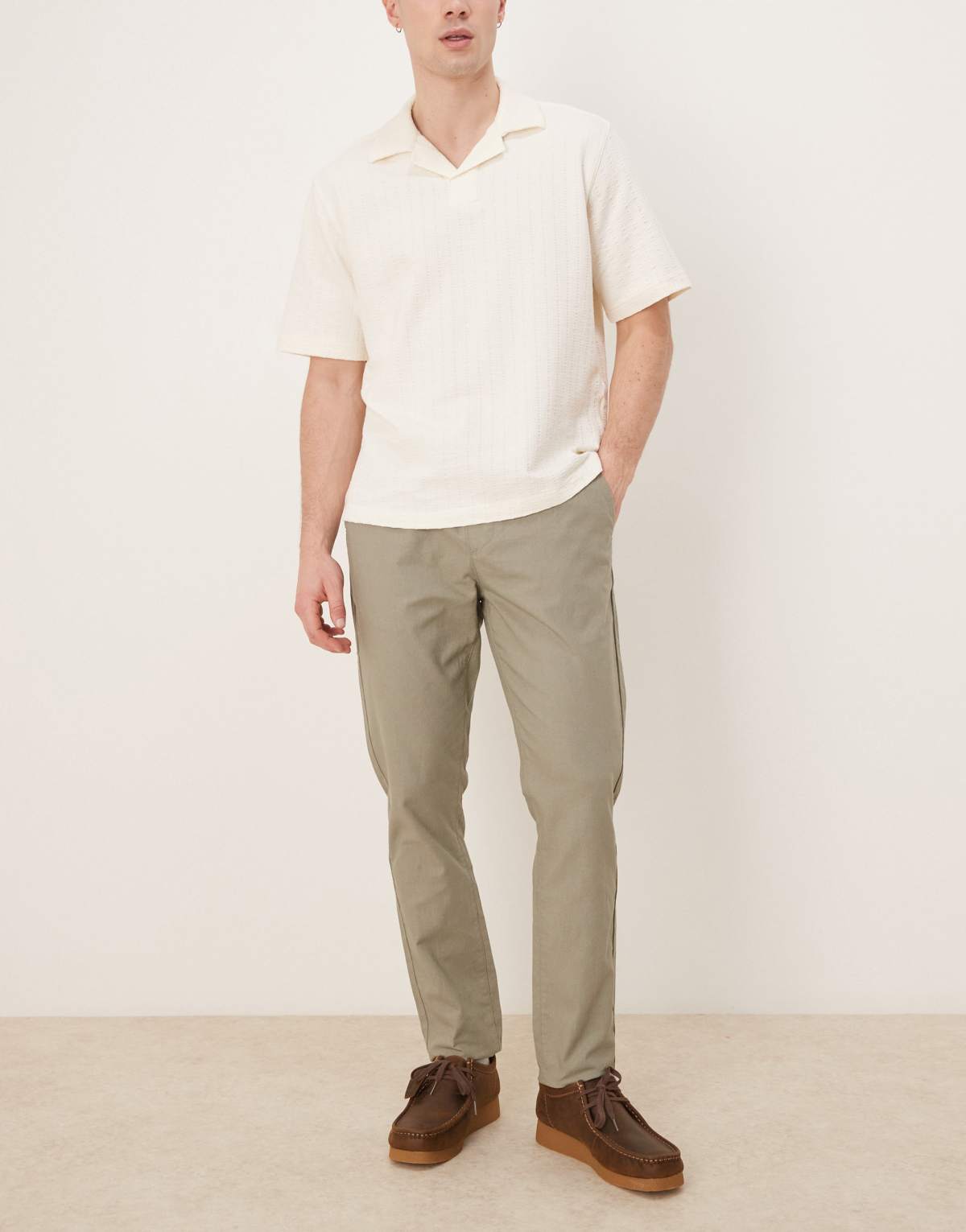ASOS DEISGN linen rich slim trouser with elasticated waist in khaki