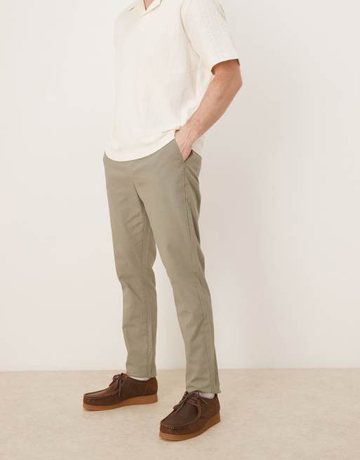 ASOS DEISGN linen rich slim trouser with elasticated waist in khaki, 3 of 5