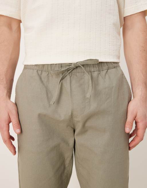 ASOS DEISGN linen rich slim trouser with elasticated waist in khaki, 4 of 5