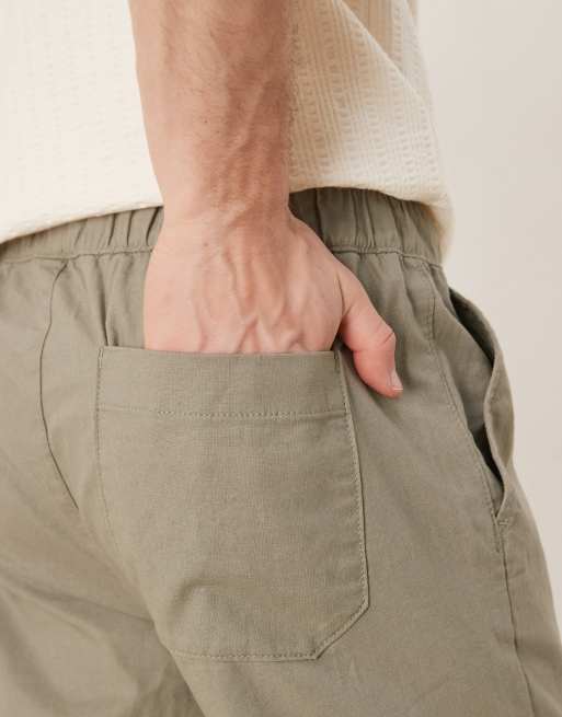 ASOS DEISGN linen rich slim trouser with elasticated waist in khaki, 5 of 5