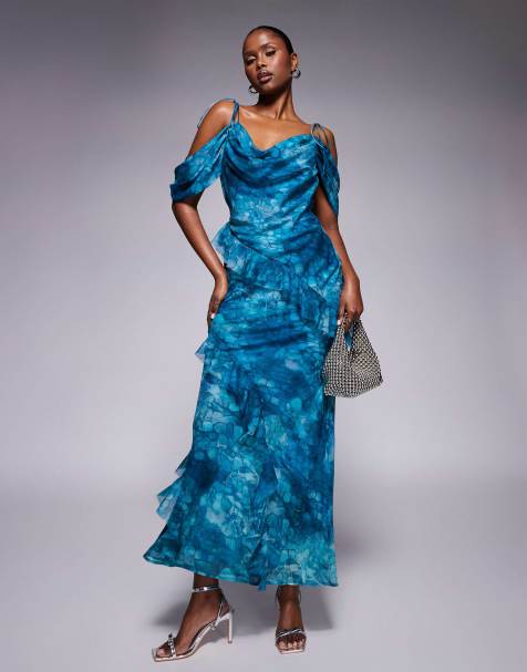 ASOS DEISGN off the shoulder bias maxi dress with ruffles in blue abstract print - view 1