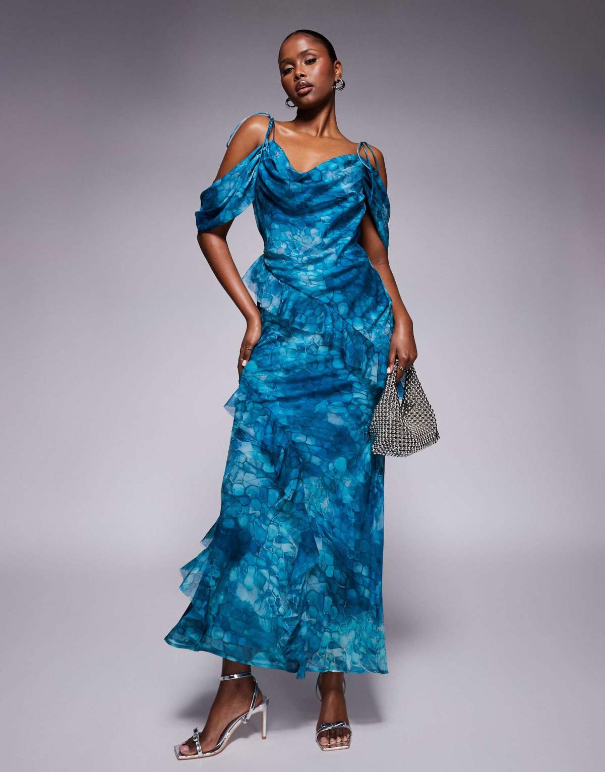 ASOS DEISGN off the shoulder bias maxi dress with ruffles in blue abstract print