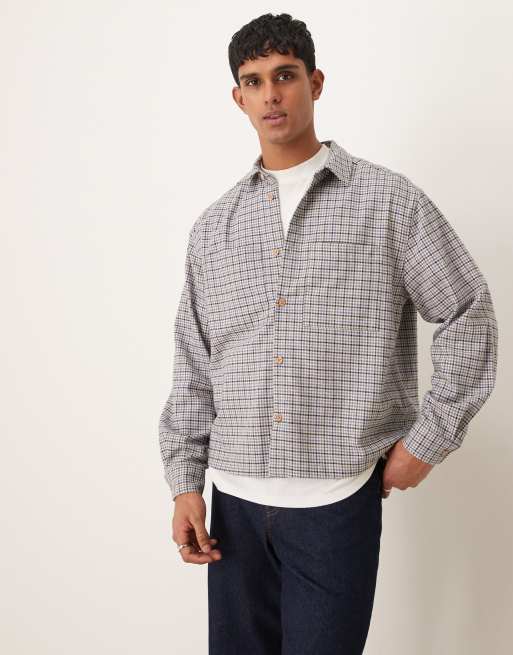 Oversized Long Sleeve Flannel Shirt - Dark Grey Check - Monki