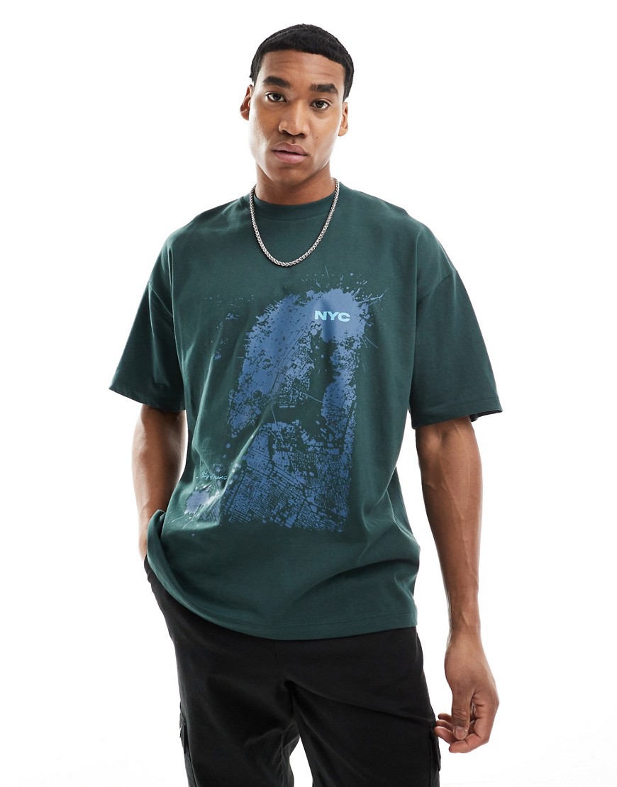 ASOS DEISGN oversized t-shirt in dark green with NYC front print
