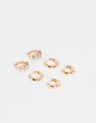 ASOS DEISGN pack of 3 huggie hoops with crystal baguette design in gold tone