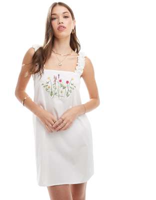 ASOS DEISGN poplin cap sleeve dress with embroidery in white