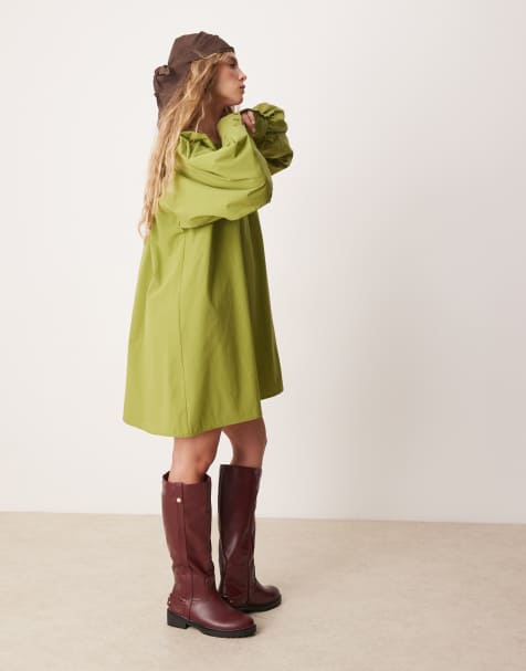 ASOS DEISGN poplin gathered neckline dress with deep cuff