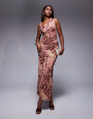 Asos Design Asos Deisgn Printed Mesh One Shoulder Draped Maxi Dress