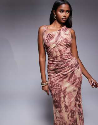 Asos Design Asos Deisgn Printed Mesh One Shoulder Draped Maxi Dress