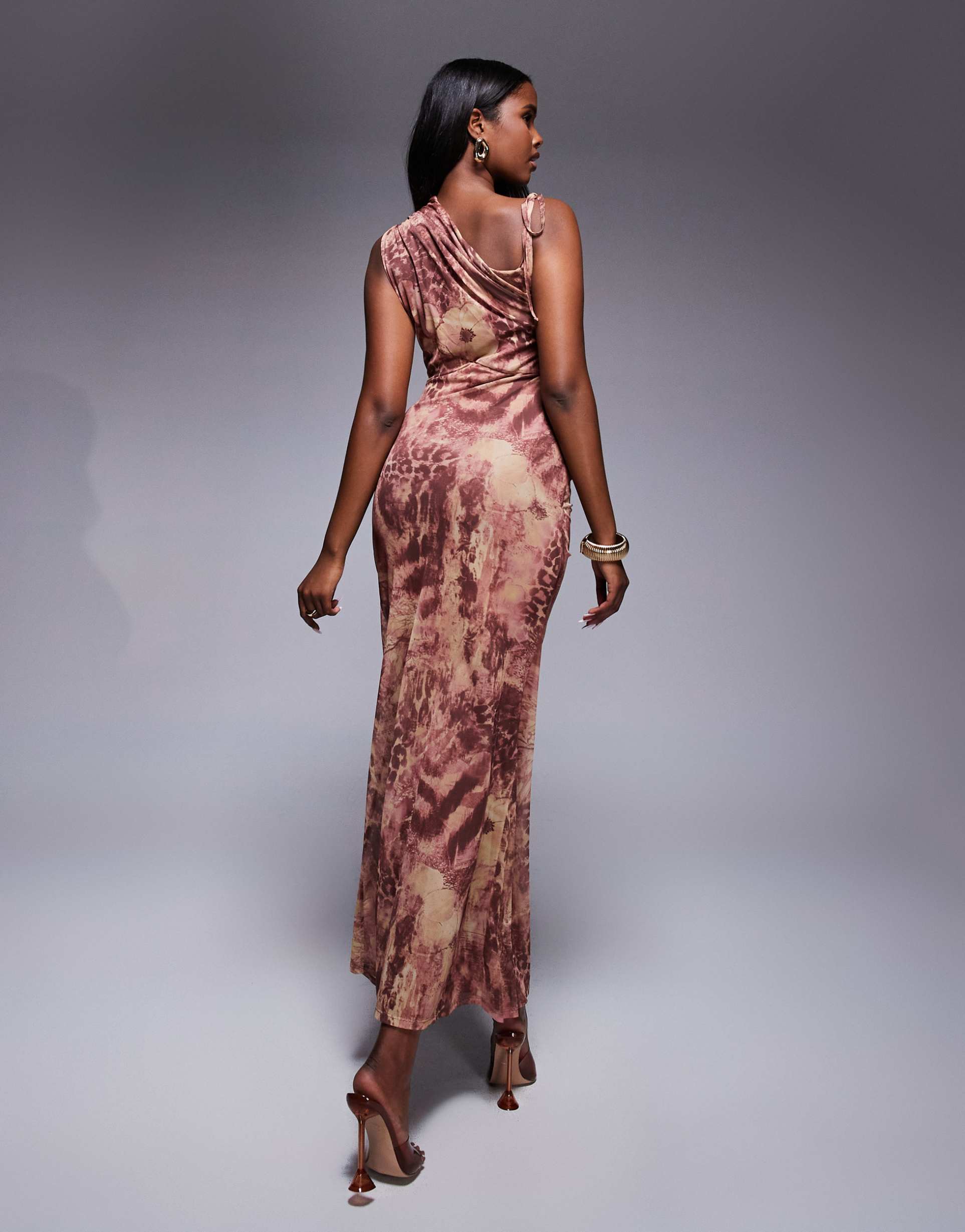 asos deisgn printed mesh one shoulder draped maxi dress in animal floral mix print