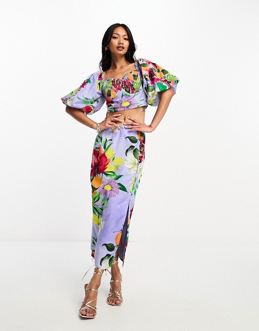 ASOS DEISGN puff sleeve top with rouleau button detail co-ord in purple floral print