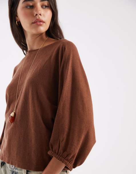 ASOS DEISGN pull oversize en maille à manches bouffantes marron chocolat - view 1