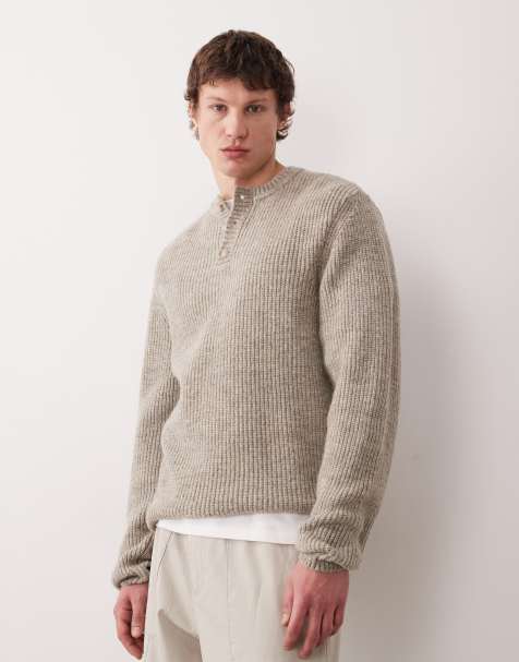 ASOS DEISGN relaxed knit henley sweater in stone - view 1