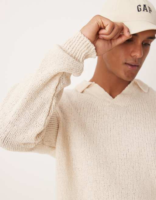 ASOS DEISGN relaxed knitted notch neck texture jumper in ecru, 2 of 4