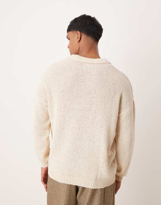 ASOS DEISGN relaxed knitted notch neck texture jumper in ecru, 3 of 4