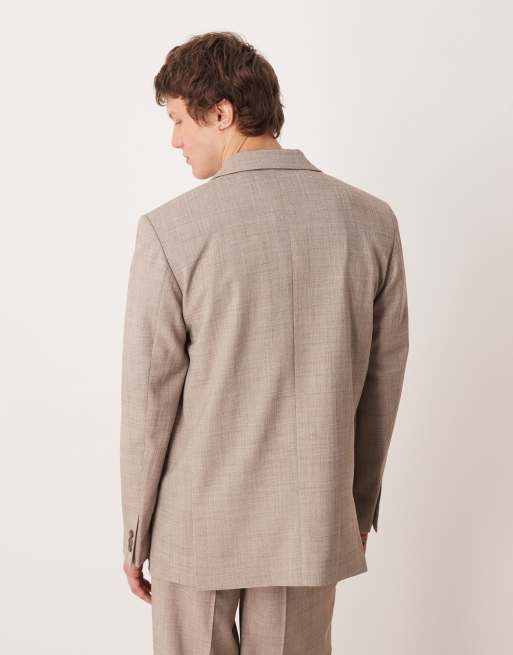 ASOS DEISGN relaxed square shoulder suit jacket in beige crosshatch, 3 of 5