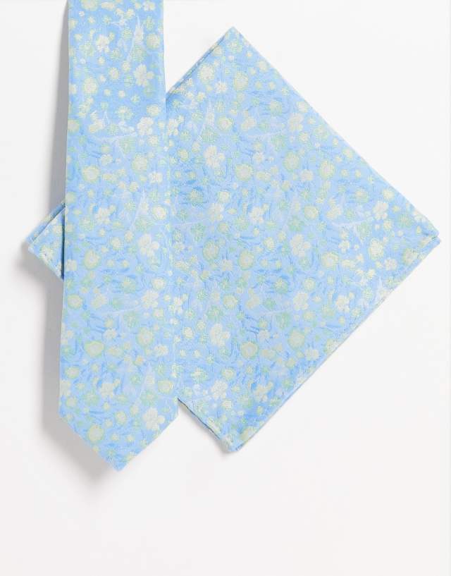 ASOS DEISGN slim tie and pocket square with floral design in blue and green - MBLUE