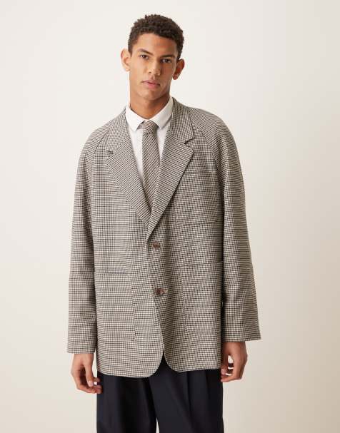 ASOS DEISGN slouchy raglan blazer in stone houndstooth - view 1